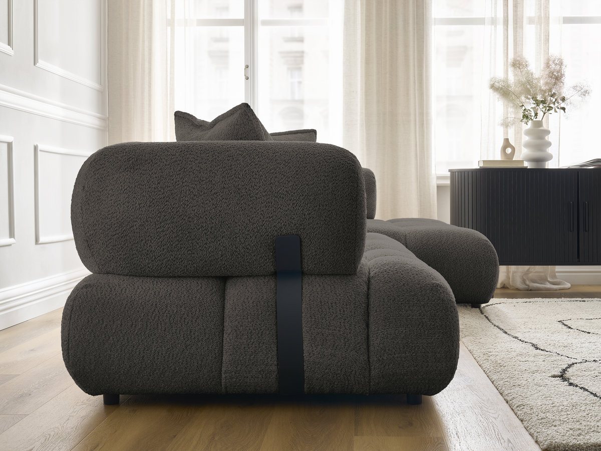 Canapé d'angle fixe ALYA tissu bouclette avec pouf