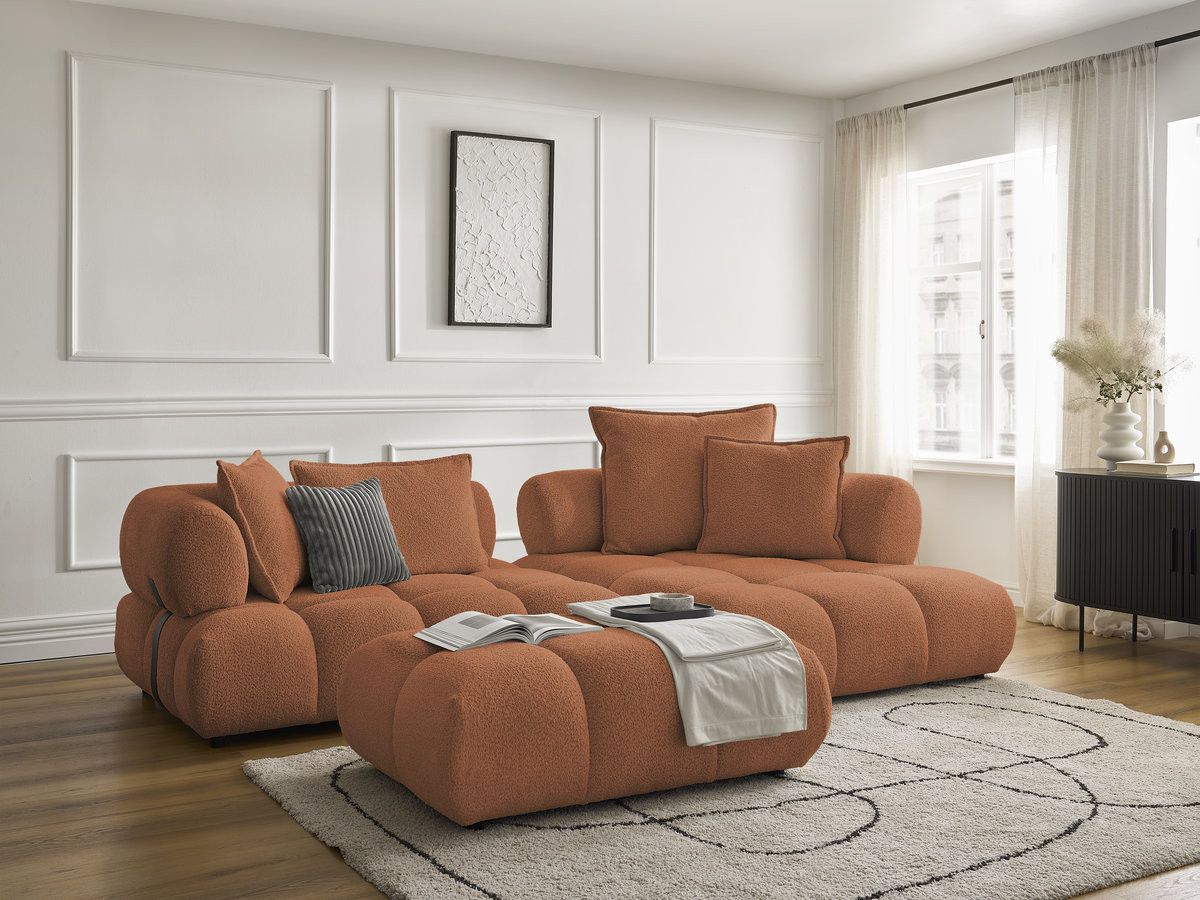 Canapé d'angle fixe ALYA tissu bouclette avec pouf