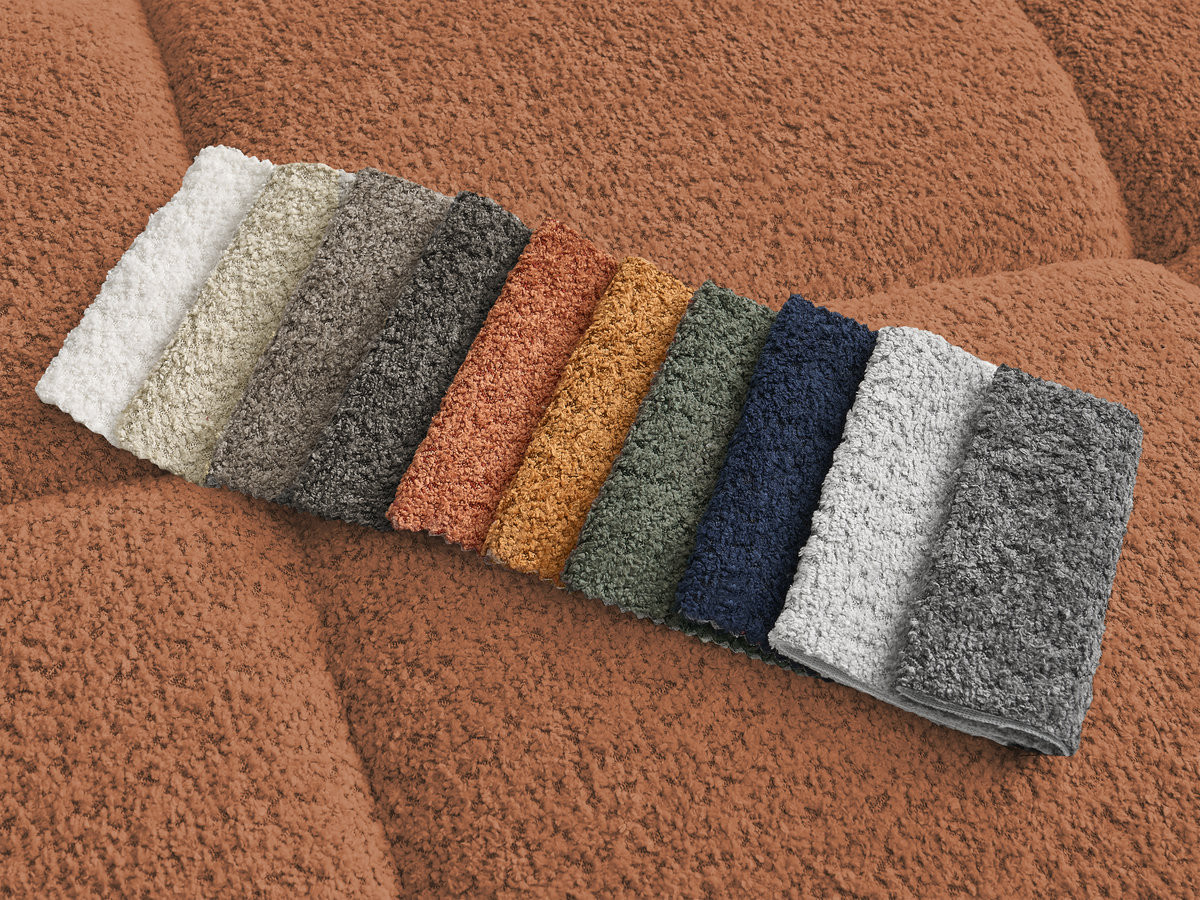 Canapé d'angle fixe ALYA tissu bouclette avec pouf