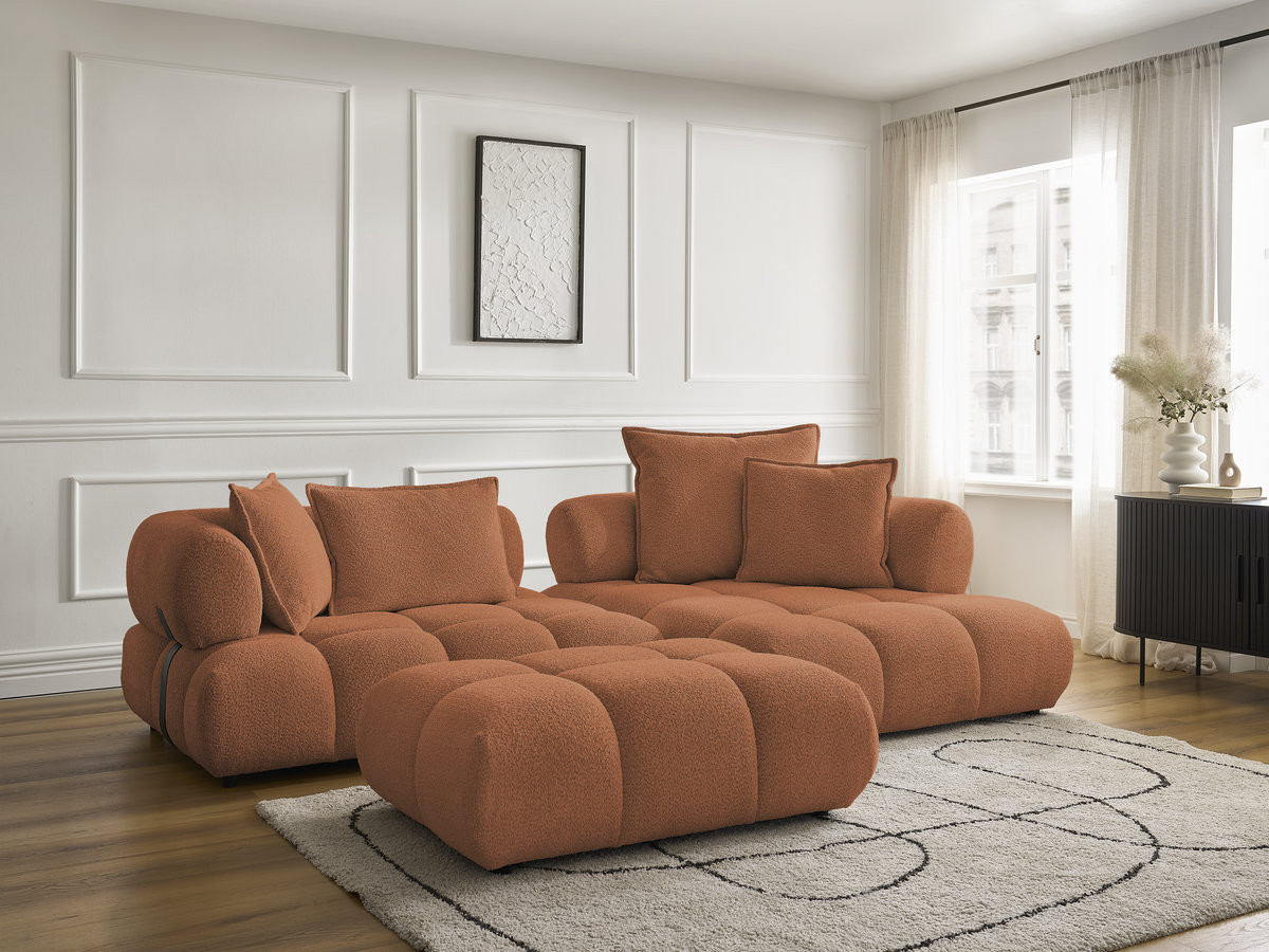 Canapé d'angle fixe ALYA tissu bouclette avec pouf