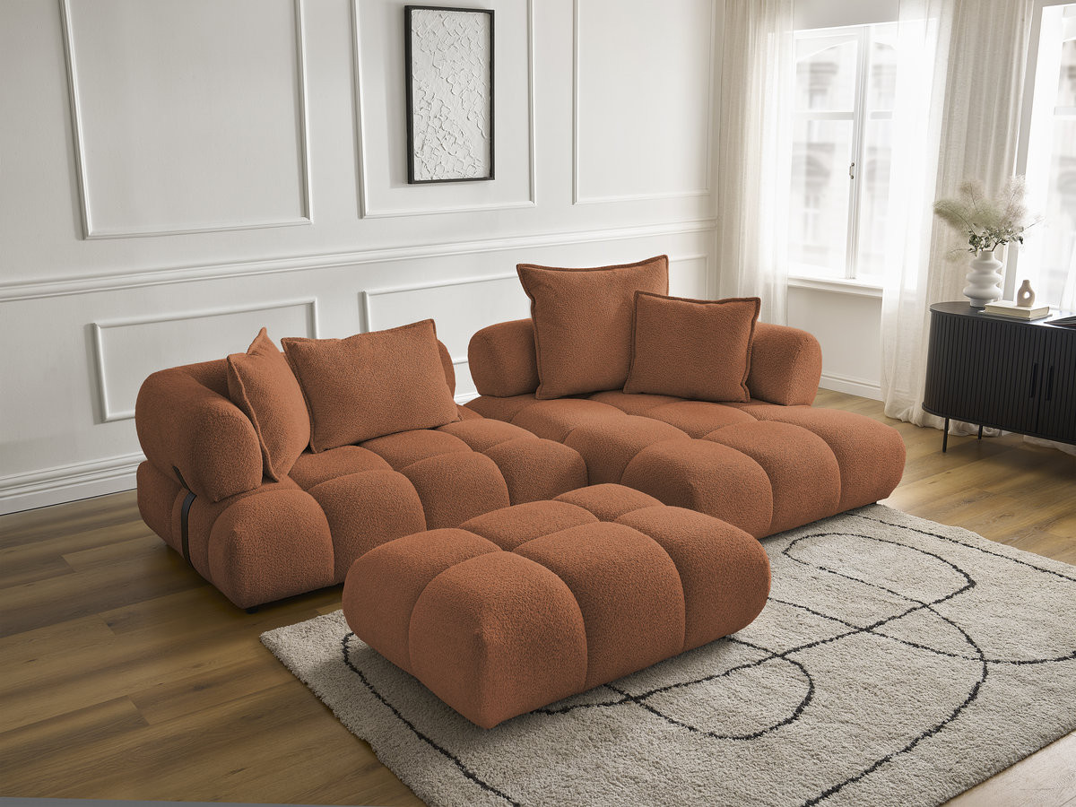 Canapé d'angle fixe ALYA tissu bouclette avec pouf