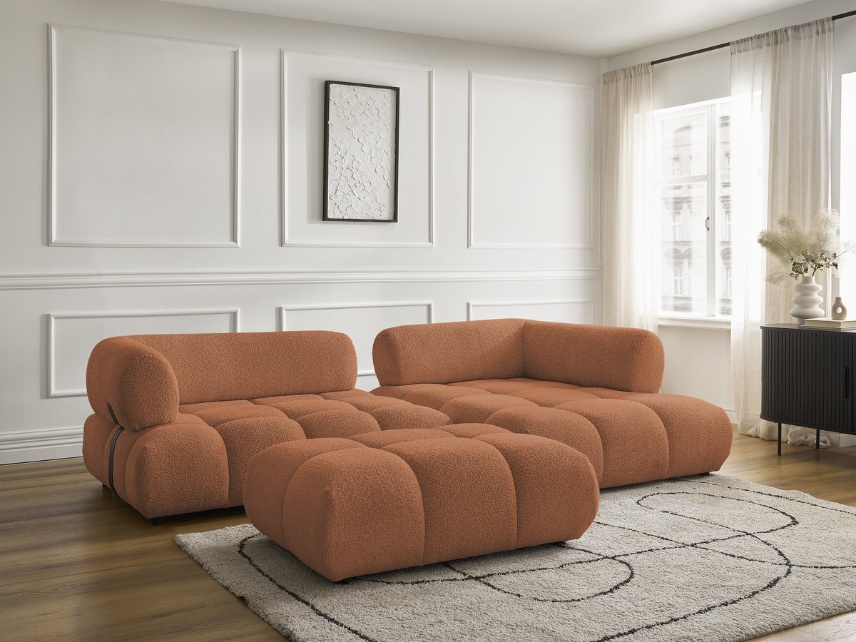 Canapé d'angle fixe ALYA tissu bouclette avec pouf