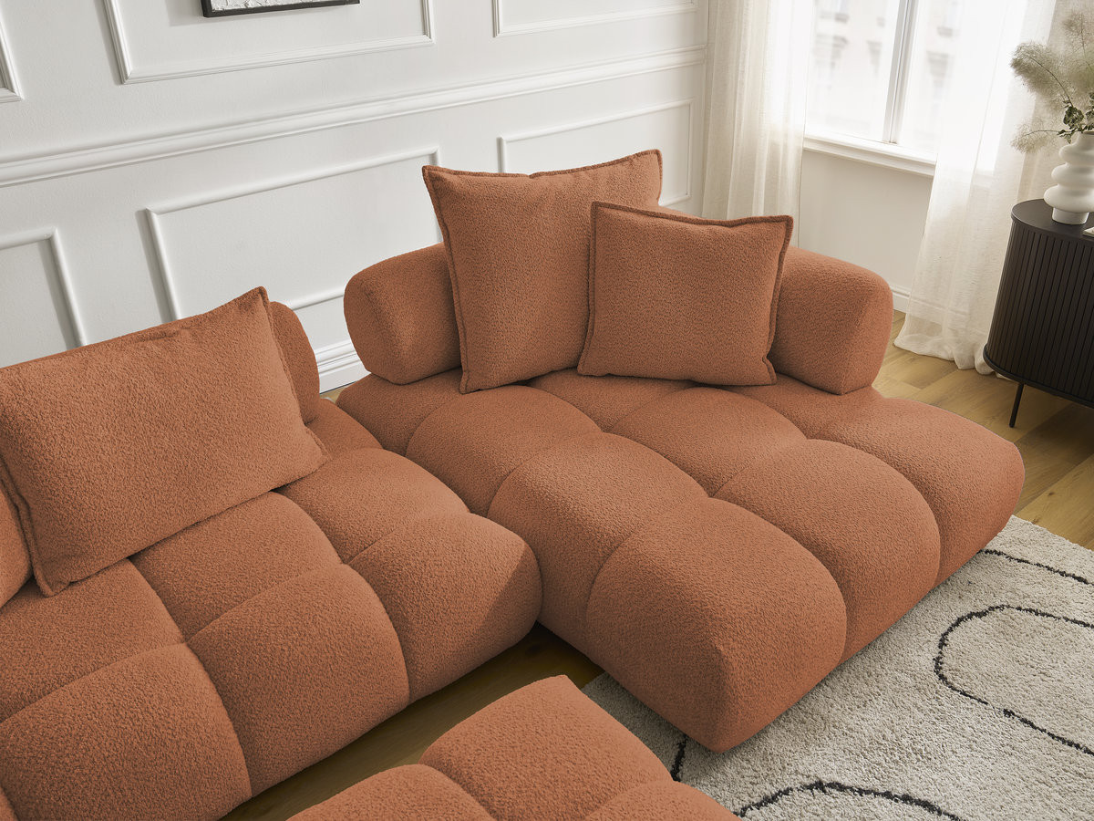 Canapé d'angle fixe ALYA tissu bouclette avec pouf
