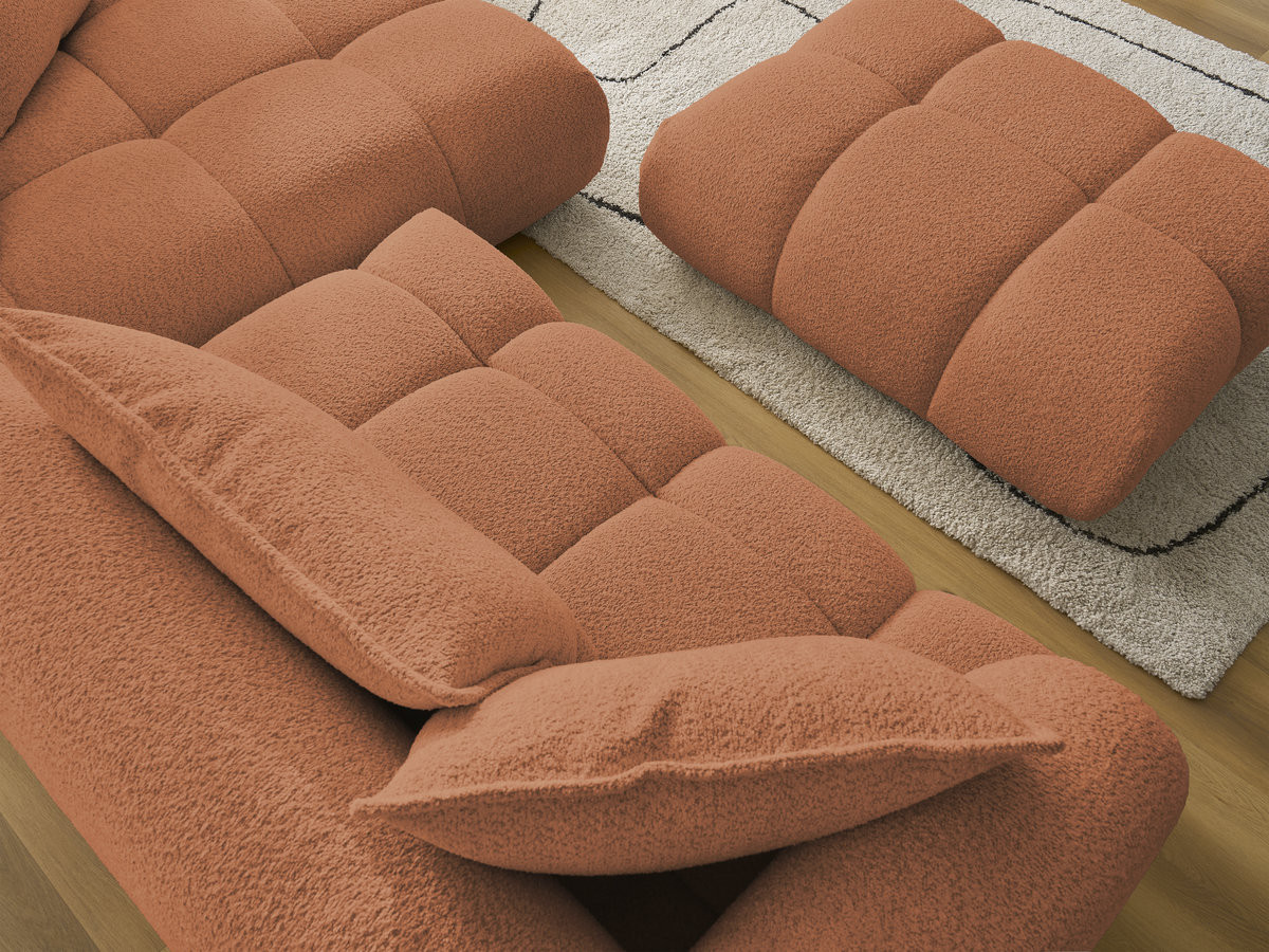 Canapé d'angle fixe ALYA tissu bouclette avec pouf