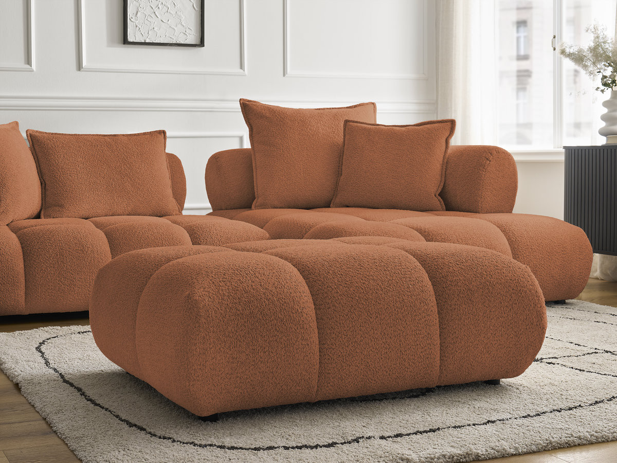 Canapé d'angle fixe ALYA tissu bouclette avec pouf