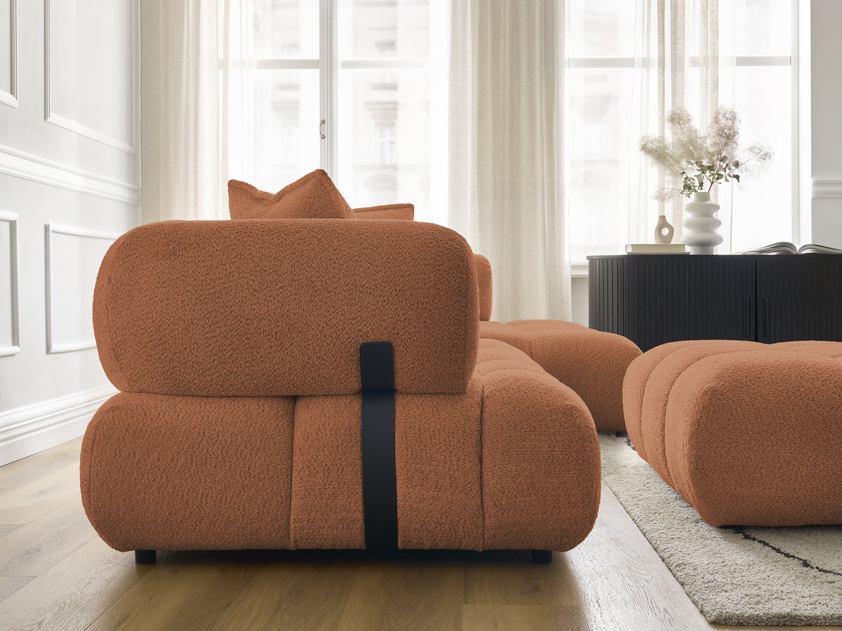 Canapé d'angle fixe ALYA tissu bouclette avec pouf