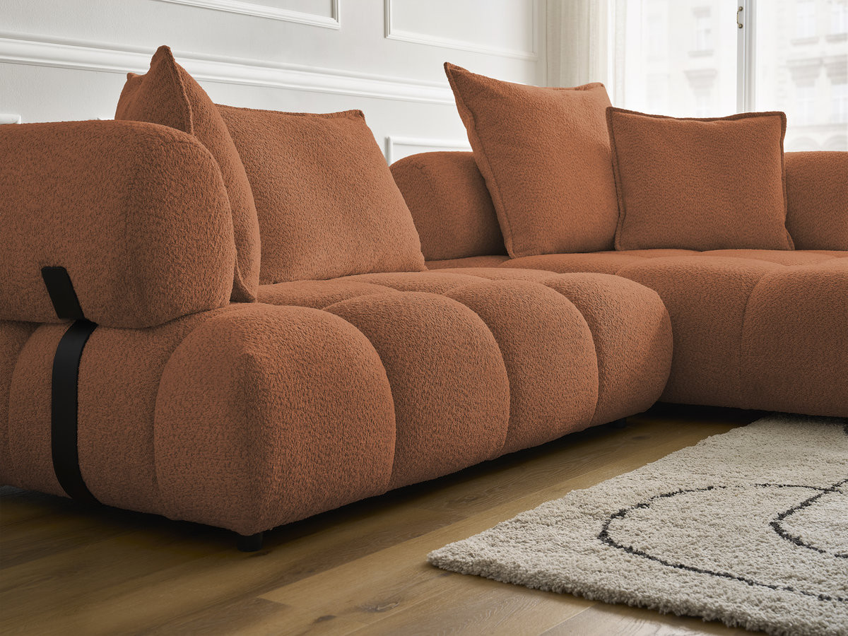 Canapé d'angle fixe ALYA tissu bouclette avec pouf