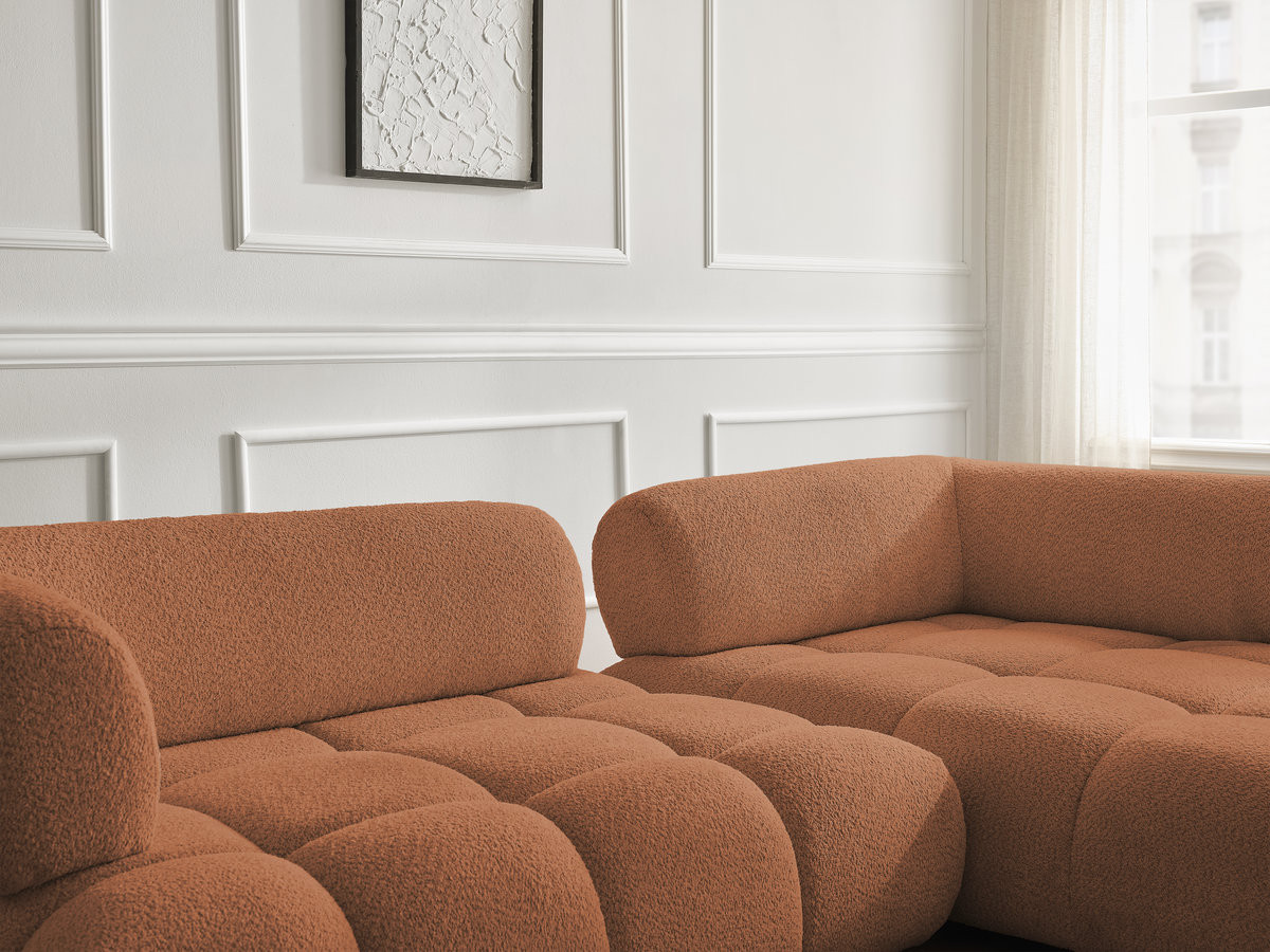 Canapé d'angle fixe ALYA tissu bouclette avec pouf