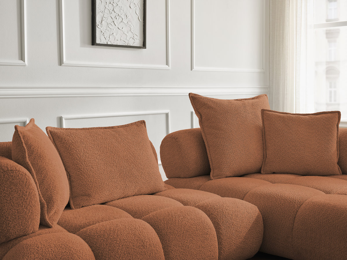 Canapé d'angle fixe ALYA tissu bouclette avec pouf