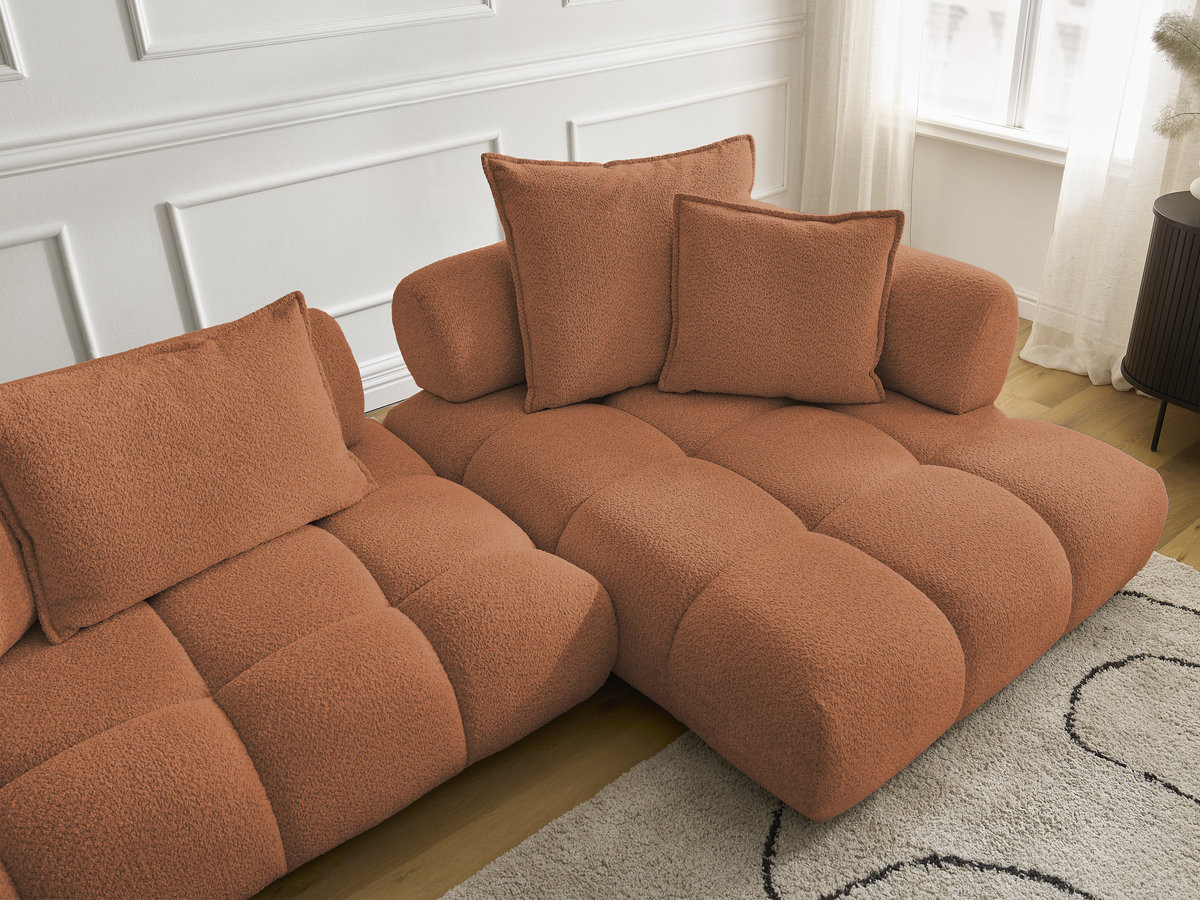 Canapé d'angle fixe ALYA tissu bouclette avec pouf