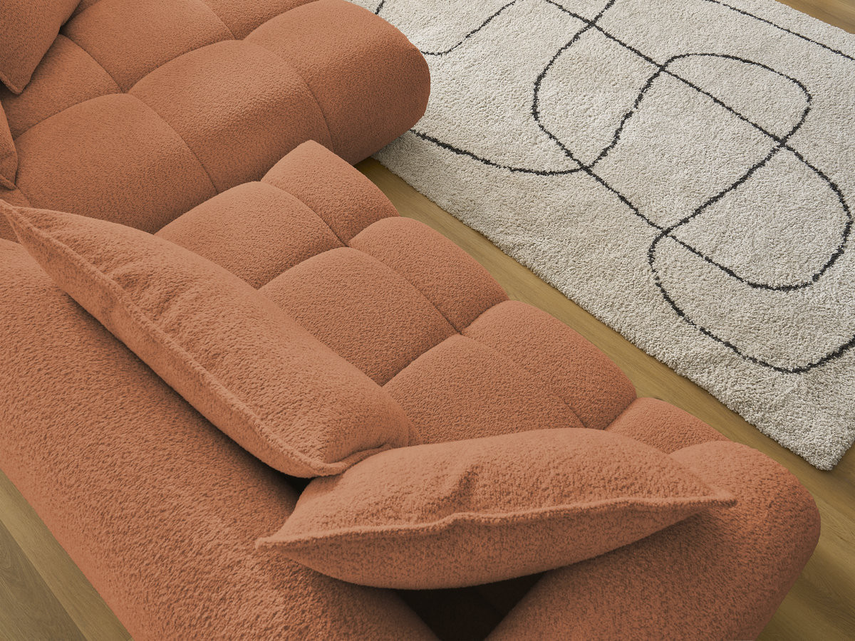 Canapé d'angle fixe ALYA tissu bouclette avec pouf