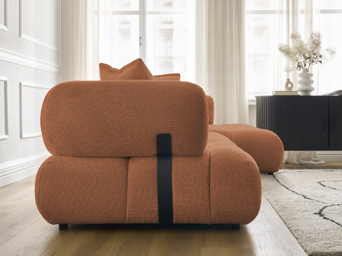 Canapé d'angle fixe ALYA tissu bouclette avec pouf