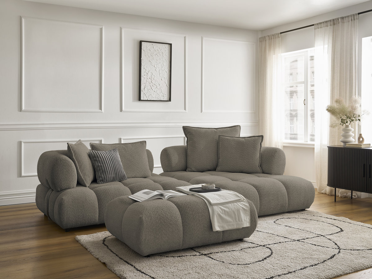 Canapé d'angle fixe ALYA tissu bouclette avec pouf