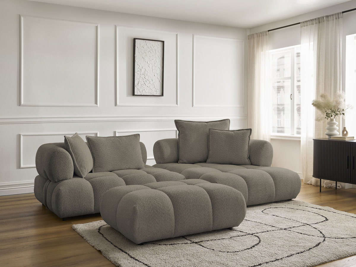 Canapé d'angle fixe ALYA tissu bouclette avec pouf