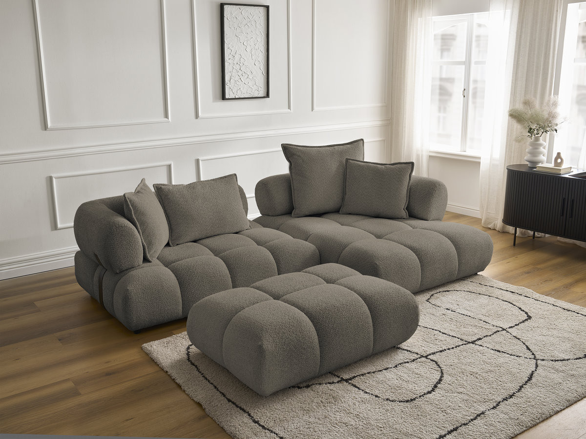 Canapé d'angle fixe ALYA tissu bouclette avec pouf