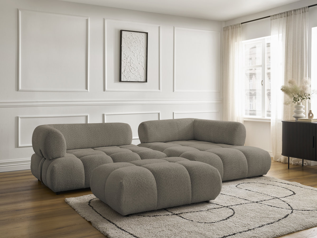 Canapé d'angle fixe ALYA tissu bouclette avec pouf