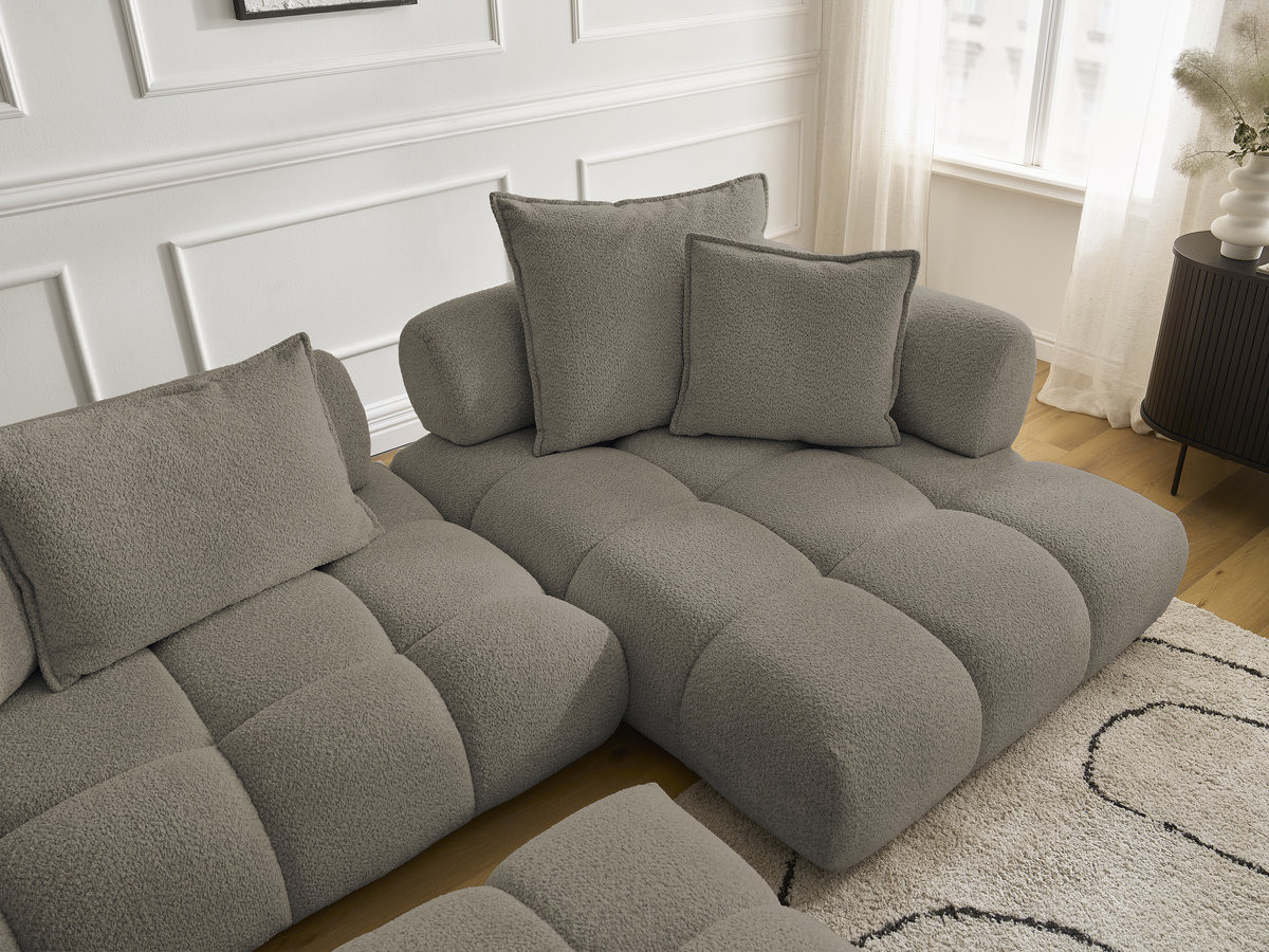 Canapé d'angle fixe ALYA tissu bouclette avec pouf
