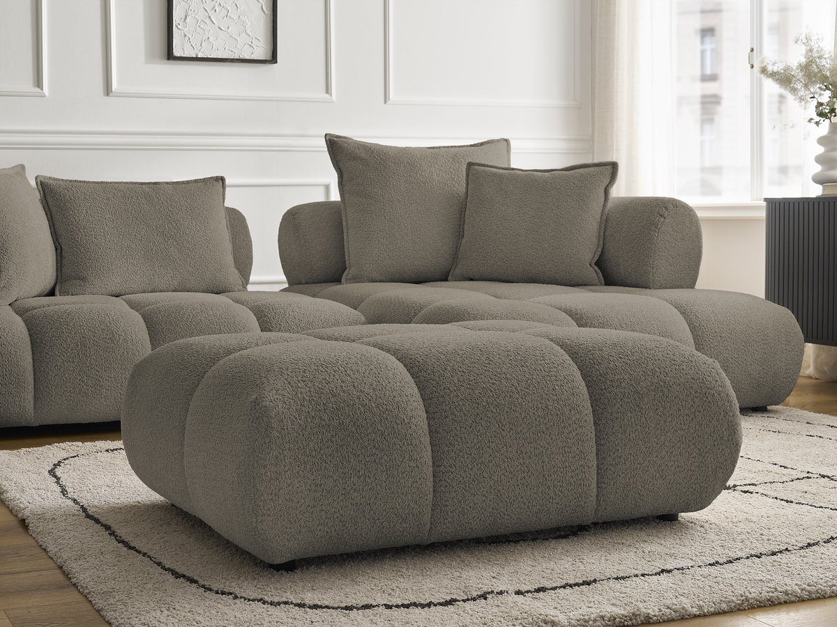 Canapé d'angle fixe ALYA tissu bouclette avec pouf