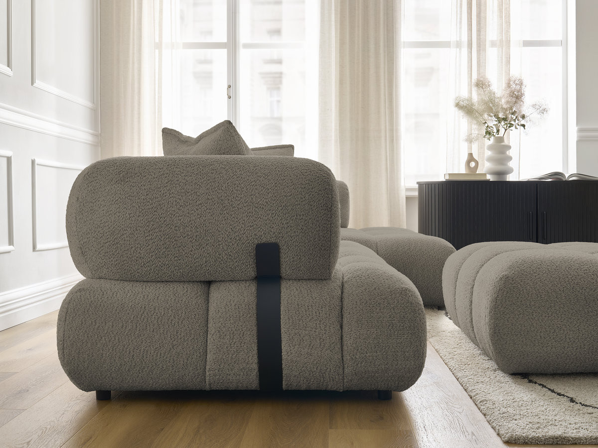 Canapé d'angle fixe ALYA tissu bouclette avec pouf