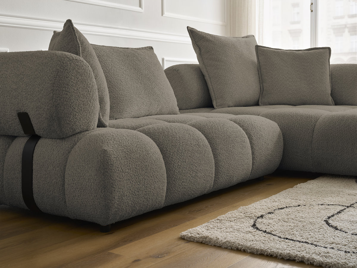 Canapé d'angle fixe ALYA tissu bouclette avec pouf