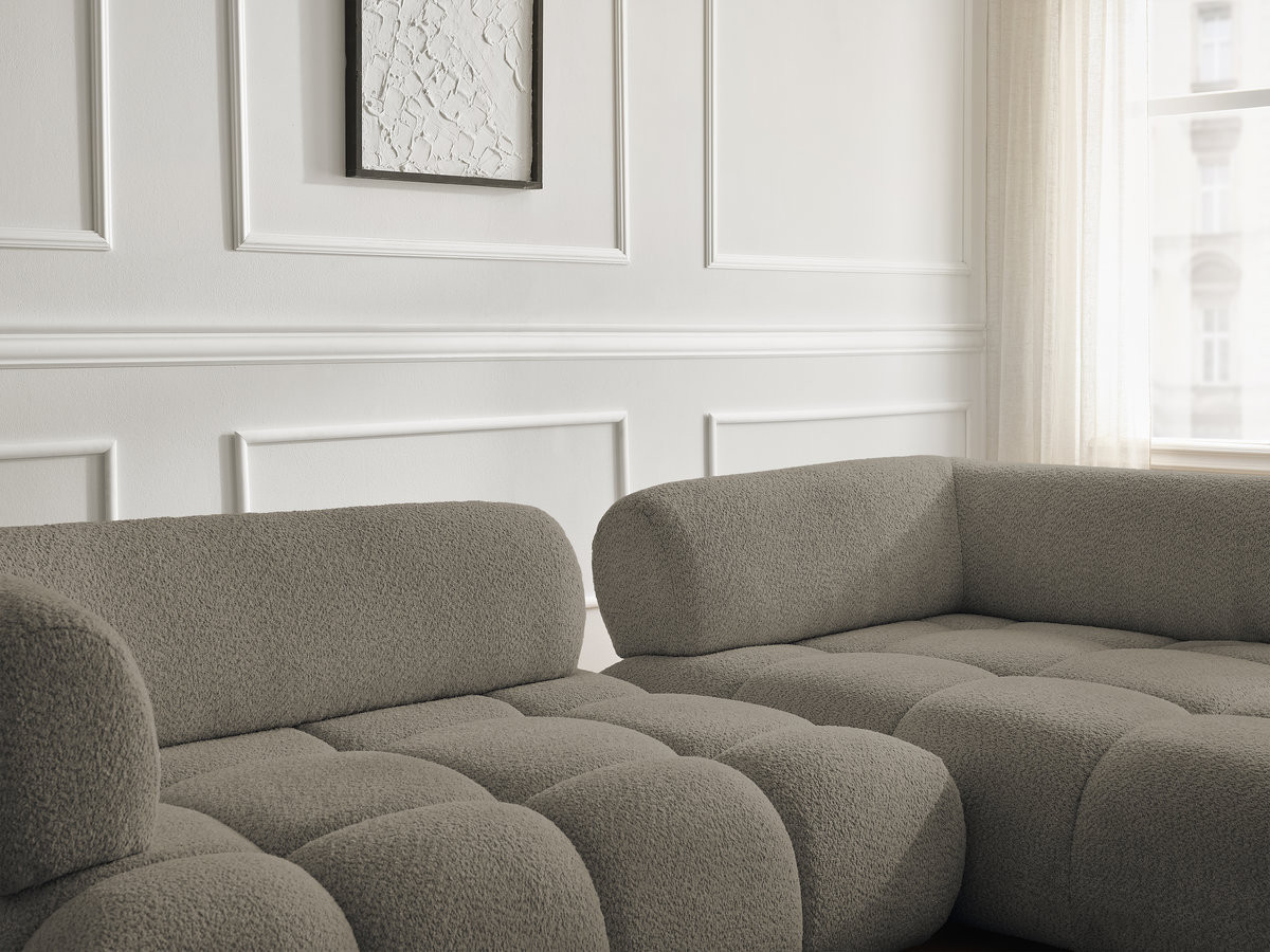 Canapé d'angle fixe ALYA tissu bouclette avec pouf