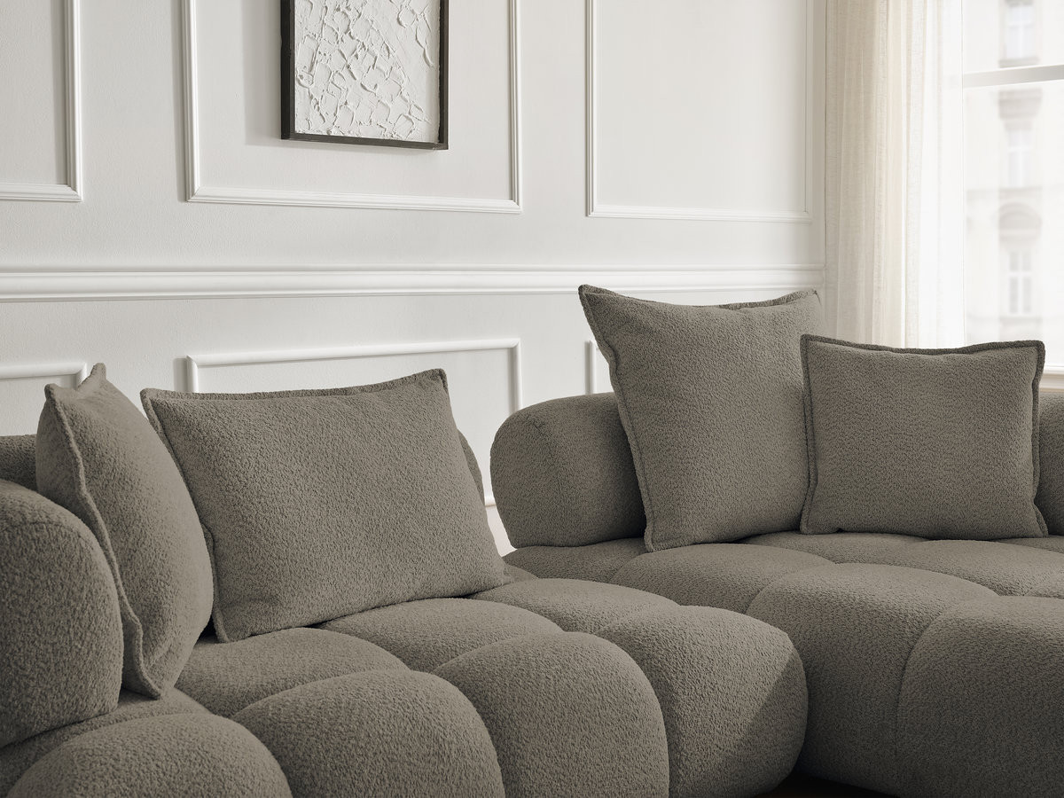 Canapé d'angle fixe ALYA tissu bouclette avec pouf