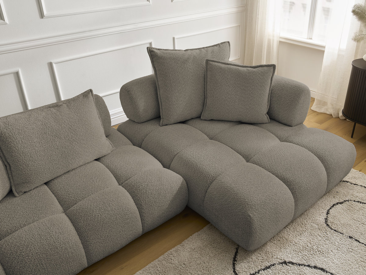 Canapé d'angle fixe ALYA tissu bouclette avec pouf
