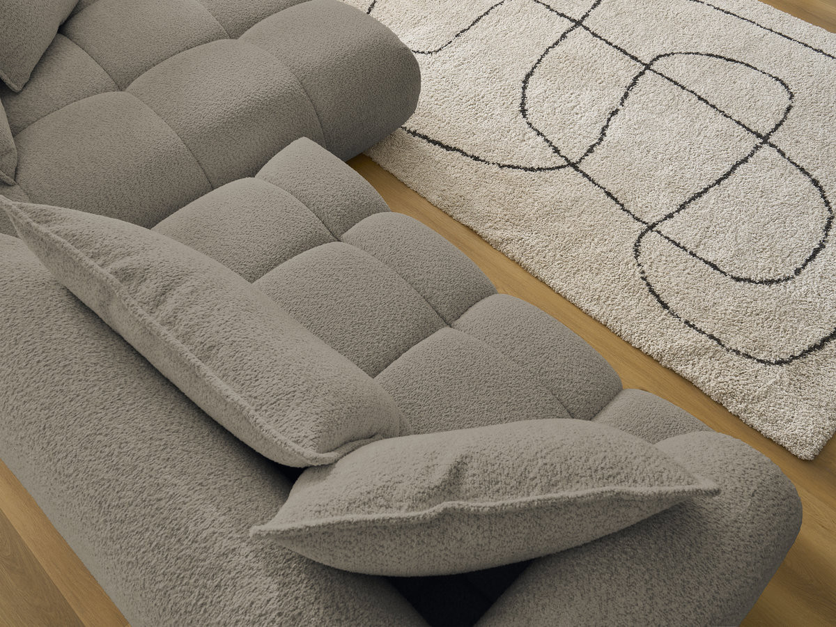 Canapé d'angle fixe ALYA tissu bouclette avec pouf
