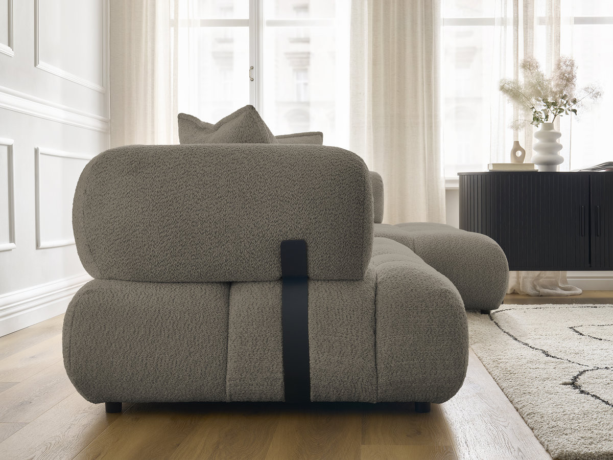 Canapé d'angle fixe ALYA tissu bouclette avec pouf