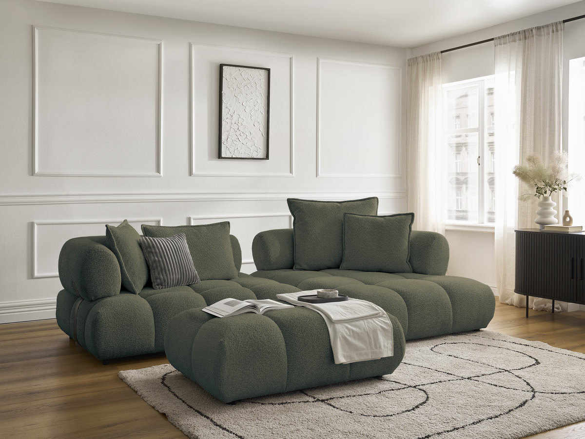 Canapé d'angle fixe ALYA tissu bouclette avec pouf