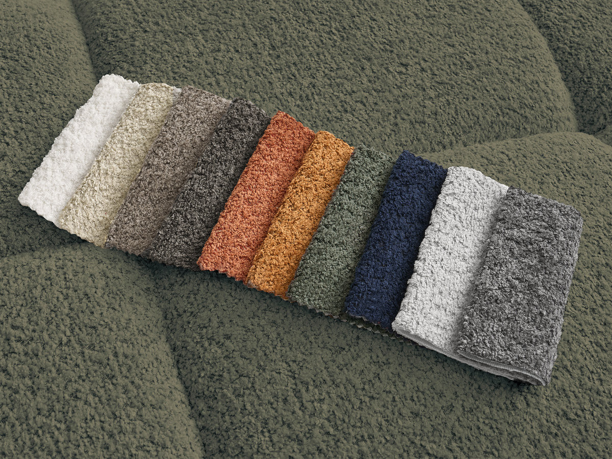 Canapé d'angle fixe ALYA tissu bouclette avec pouf