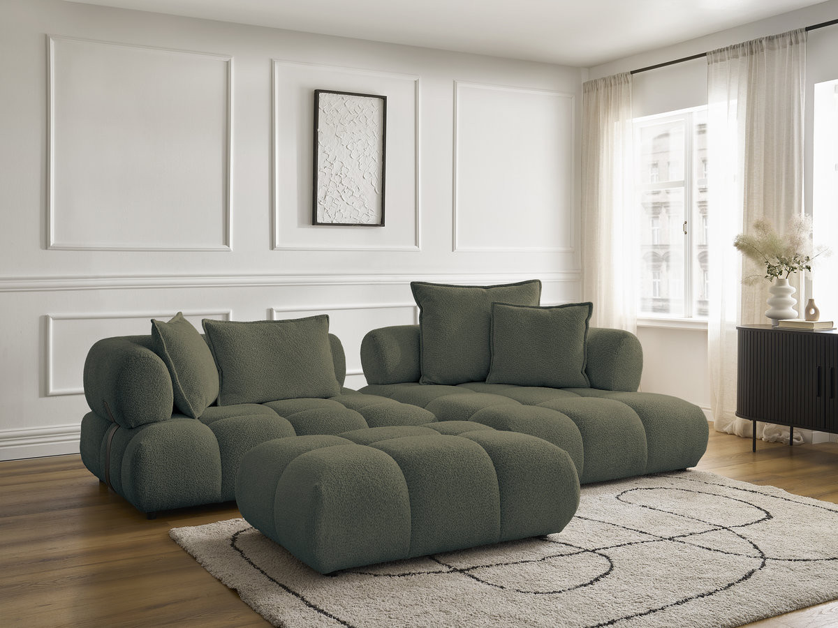 Canapé d'angle fixe ALYA tissu bouclette avec pouf