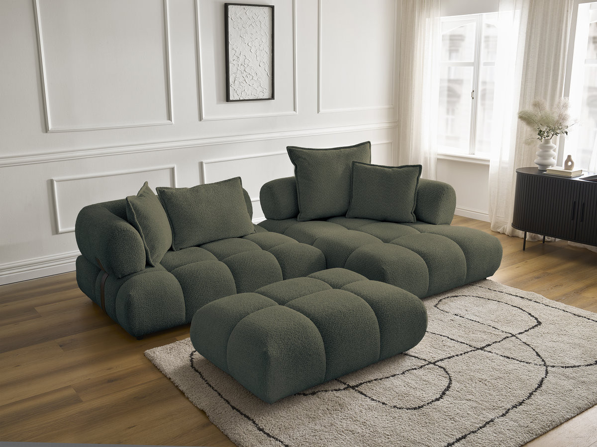 Canapé d'angle fixe ALYA tissu bouclette avec pouf