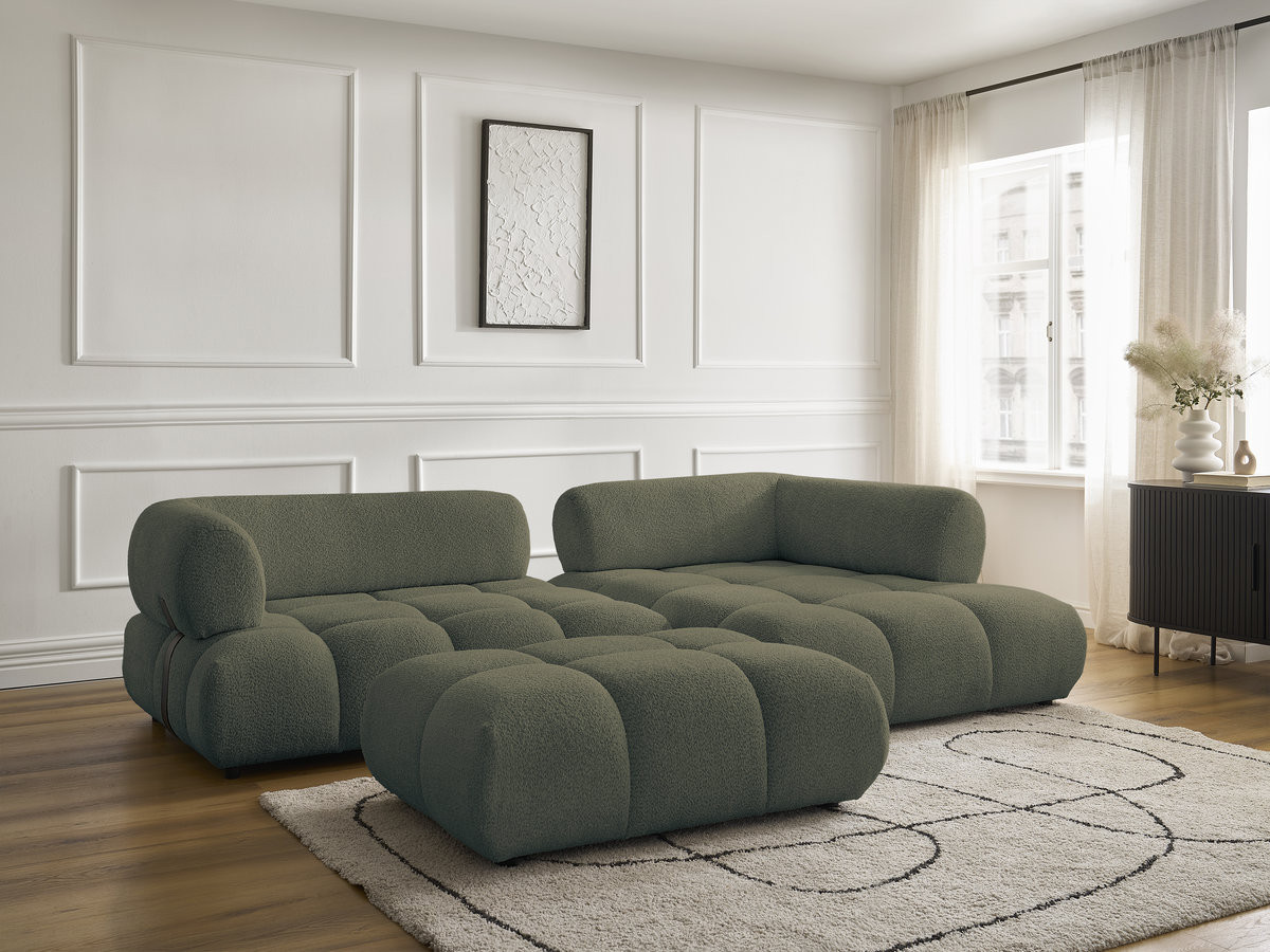 Canapé d'angle fixe ALYA tissu bouclette avec pouf