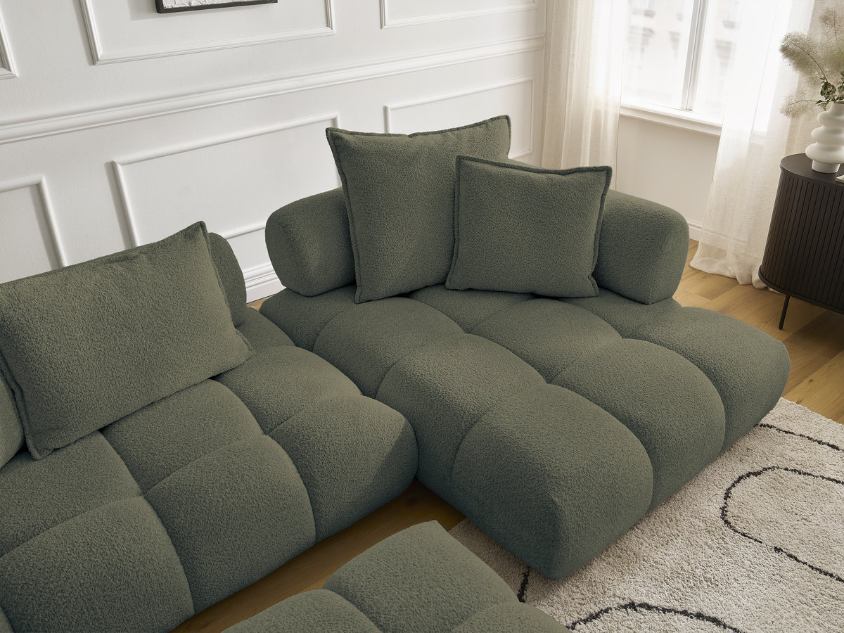 Canapé d'angle fixe ALYA tissu bouclette avec pouf