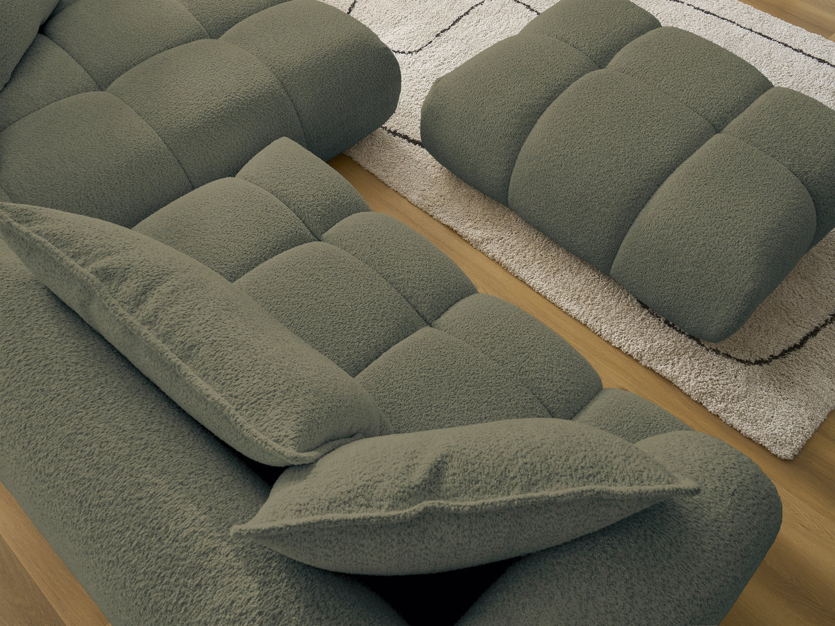 Canapé d'angle fixe ALYA tissu bouclette avec pouf
