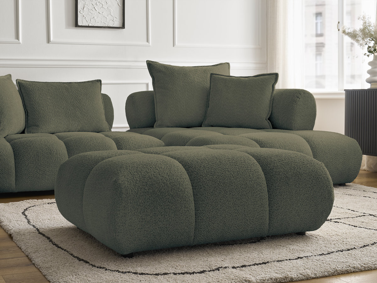 Canapé d'angle fixe ALYA tissu bouclette avec pouf