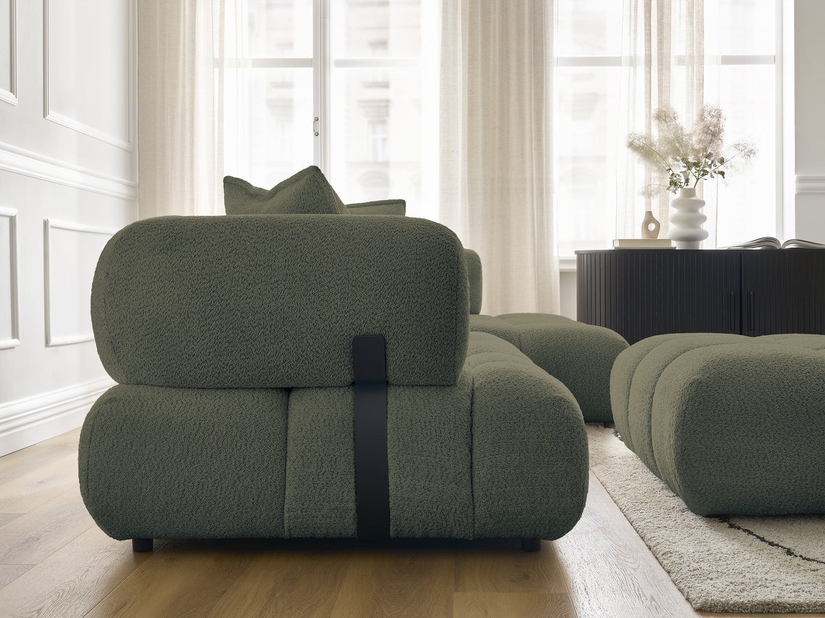 Canapé d'angle fixe ALYA tissu bouclette avec pouf