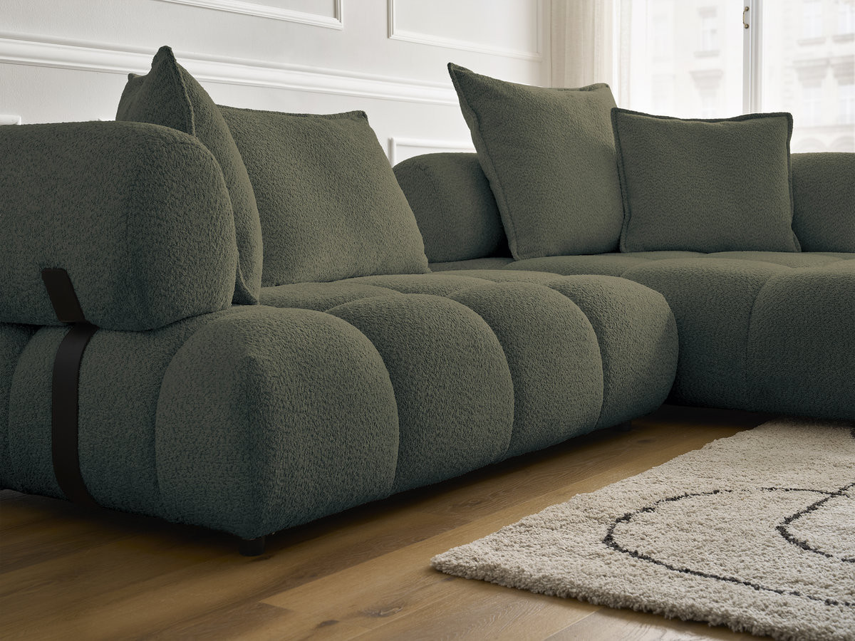 Canapé d'angle fixe ALYA tissu bouclette avec pouf