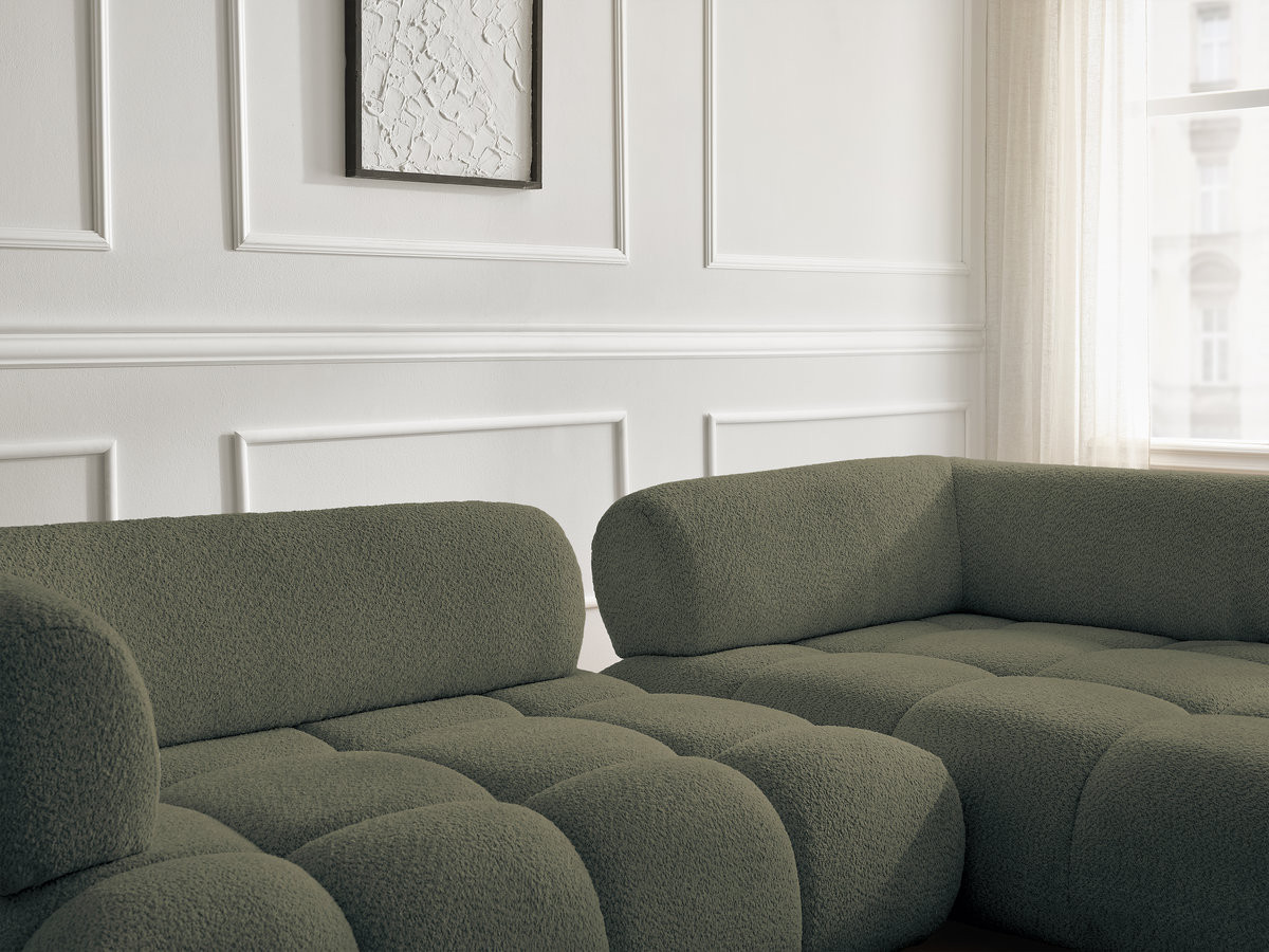 Canapé d'angle fixe ALYA tissu bouclette avec pouf