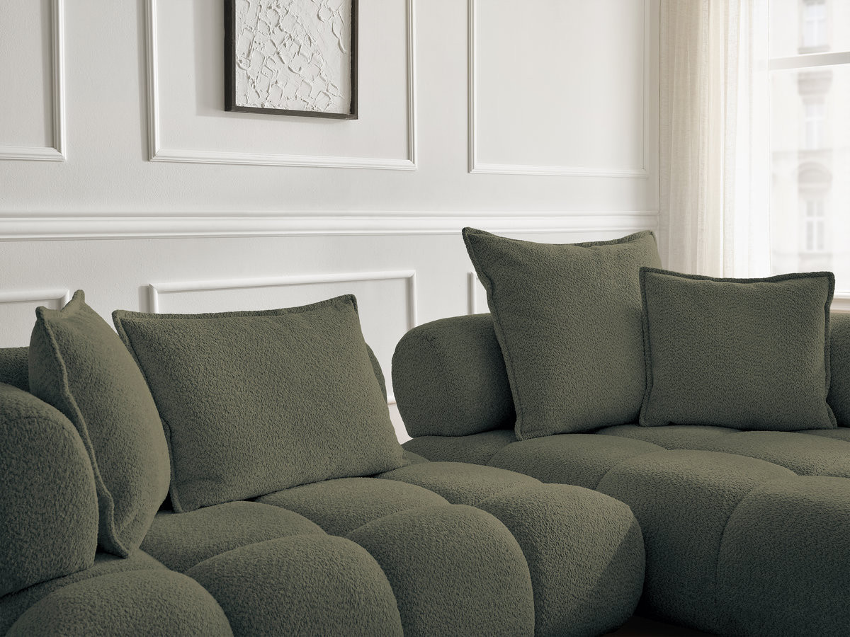 Canapé d'angle fixe ALYA tissu bouclette avec pouf