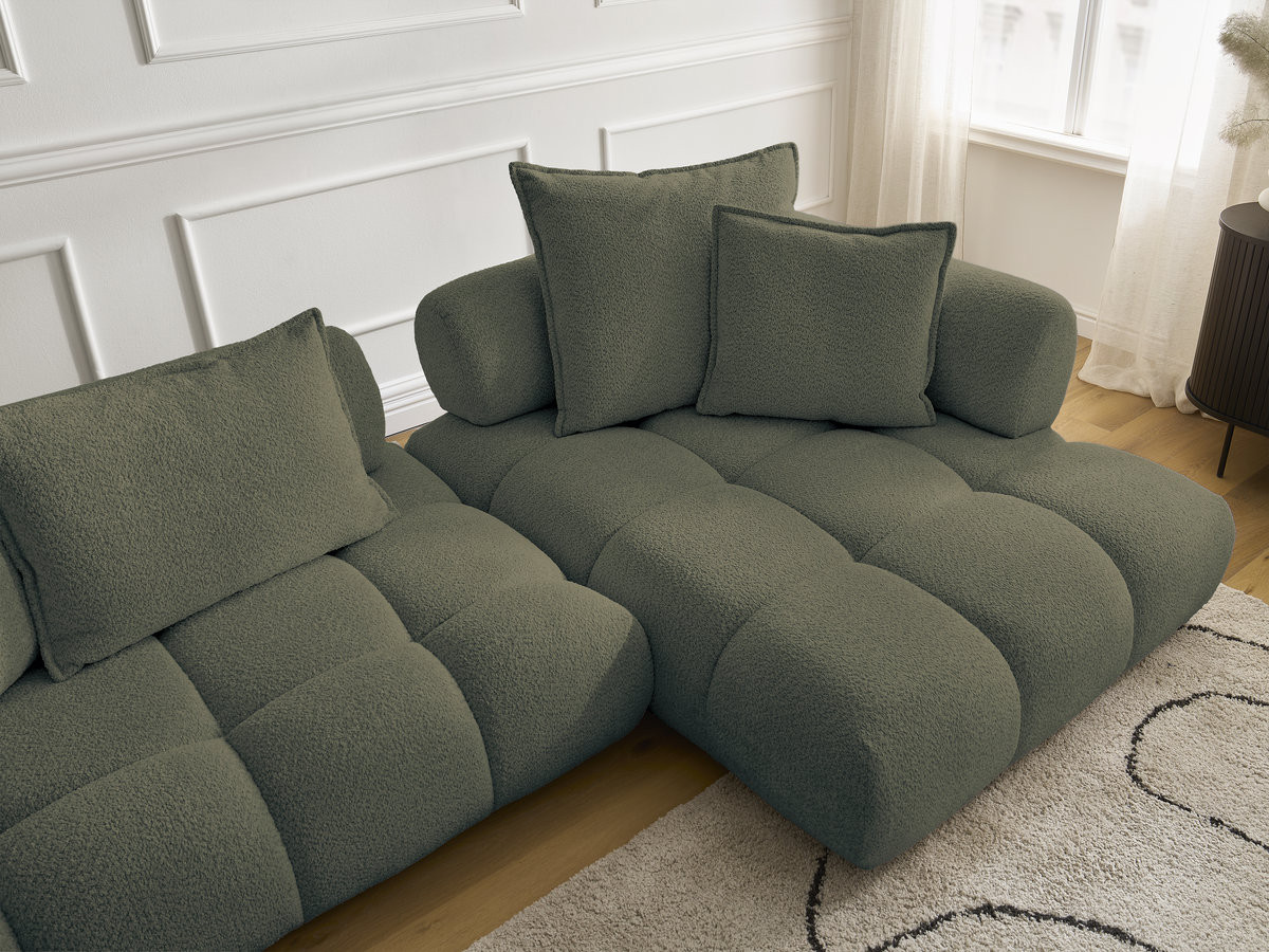 Canapé d'angle fixe ALYA tissu bouclette avec pouf