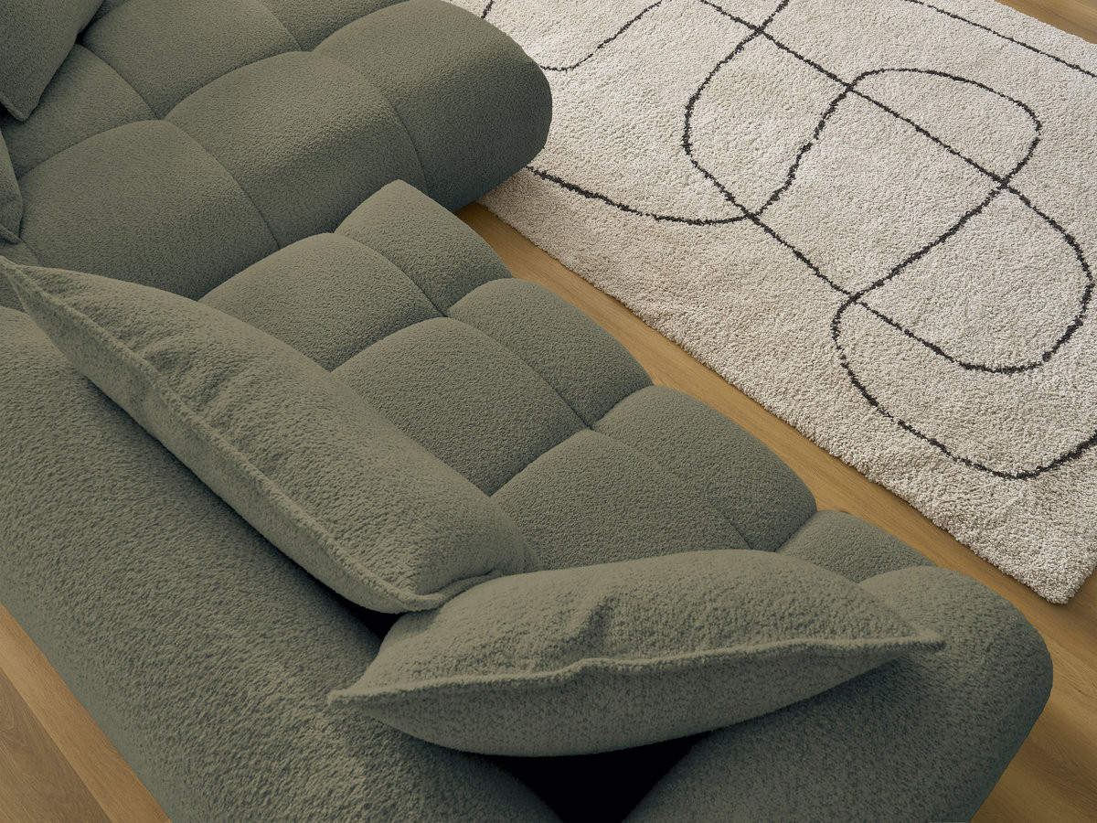 Canapé d'angle fixe ALYA tissu bouclette avec pouf
