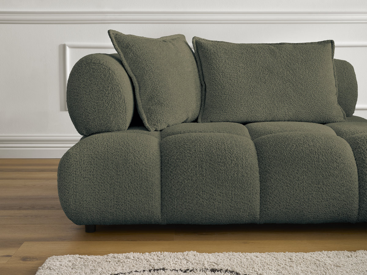 Canapé d'angle fixe ALYA tissu bouclette avec pouf