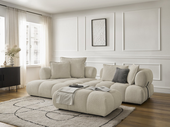Canapé d'angle fixe ALYA tissu bouclette avec pouf