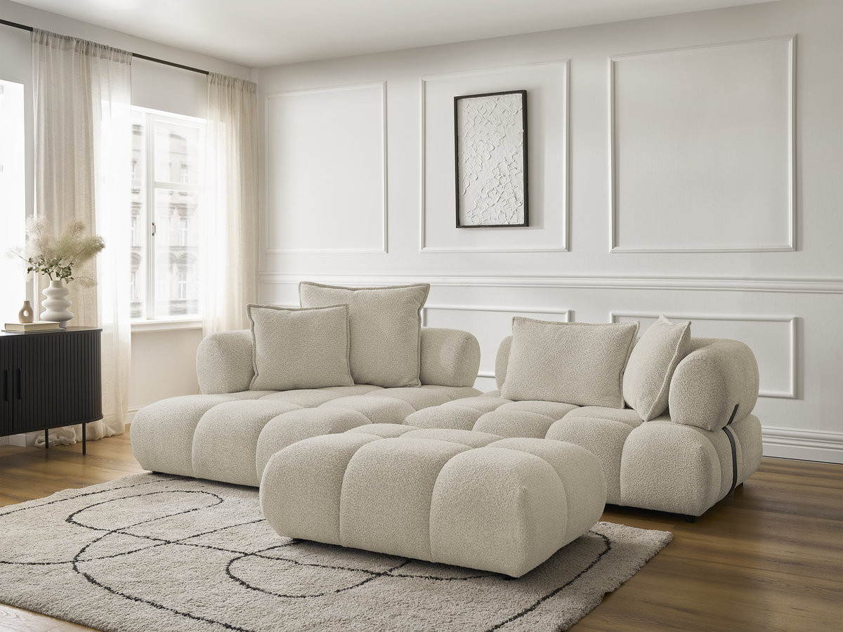 Canapé d'angle fixe ALYA tissu bouclette avec pouf