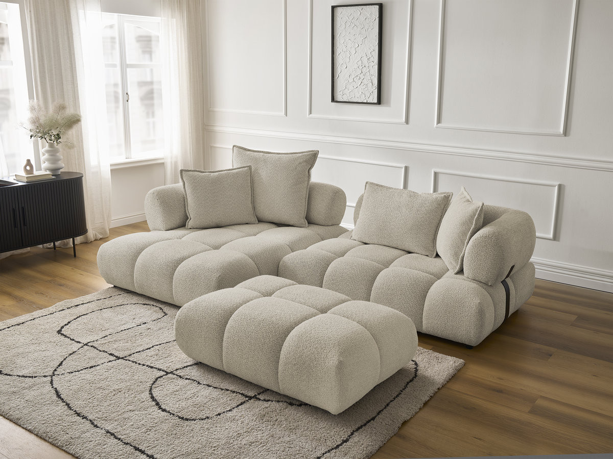 Canapé d'angle fixe ALYA tissu bouclette avec pouf