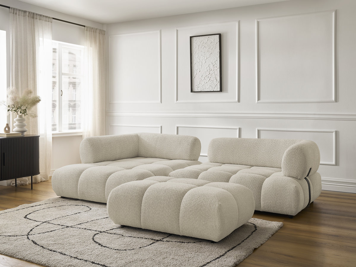 Canapé d'angle fixe ALYA tissu bouclette avec pouf