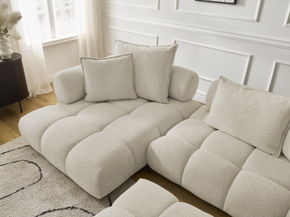 Canapé d'angle fixe ALYA tissu bouclette avec pouf