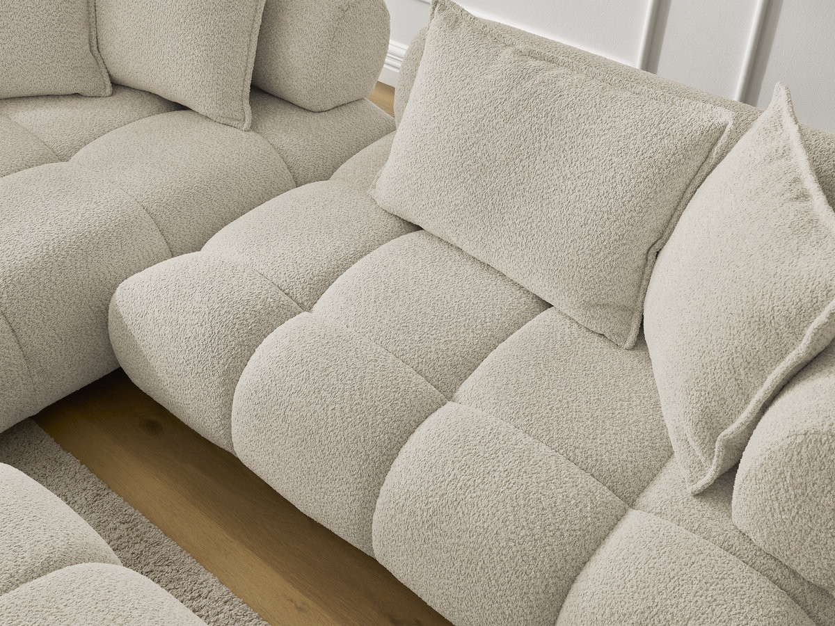 Canapé d'angle fixe ALYA tissu bouclette avec pouf